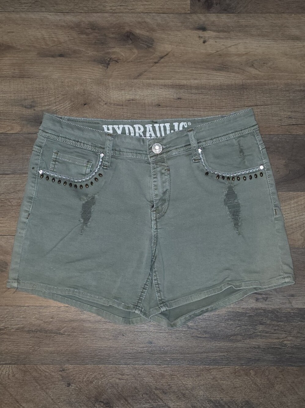 Hydraulic Olive Green Distressed Studded Denim Shorts Size 11/12
